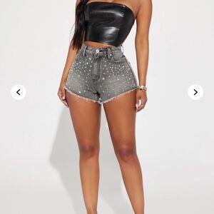 Fashion Nova Razzle Dazzle Embellished Cut Off Denim Shorts - Grey
